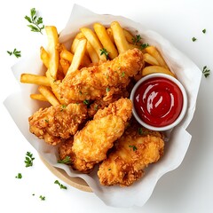 Crispy chicken tenders with french fries and ketchup dip delicious fast food meal on bright surface