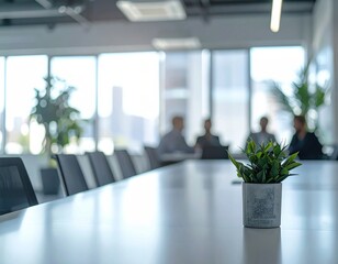 Modern office conference room with table plant and people in background