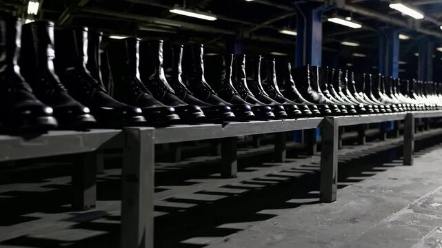 Conveyor of black boots in industrial factory setting illuminated by overhead lighting