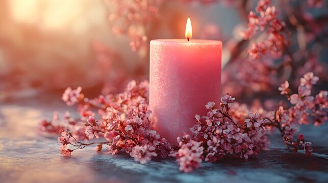 Elegant pink candle with dried native blossoms on a luminous soft background exuding timeless artistic charm