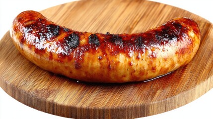 Grilled Bratwurst Juicy Sausage on Rustic Wood Board.