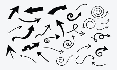 set of arrows, Pencil Arrow Doodles Set of Hand Drawn Swirls, Curved Lines, Marker Scribbles and Crayon Strokes, Vector Style on White Background