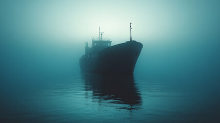 Obraz premium Silhouetted ship in a dense fog.