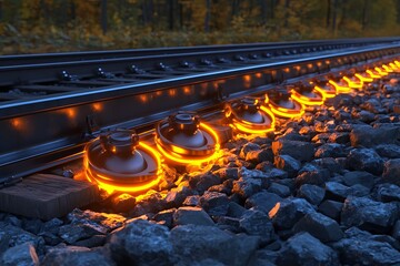 Illuminated Railway Line: Glowing Metal on Gravel Path Under Autumnal Trees.