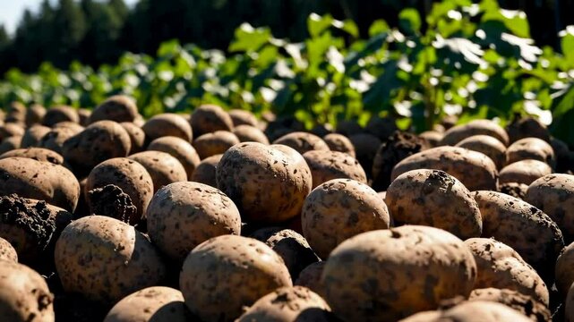 Timelapse of potatoes growing in sunlit fields with lush green foliage in the background
