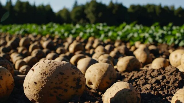 Harvested potatoes in sunlit field with expansive forest backdrop and emerging greenery
