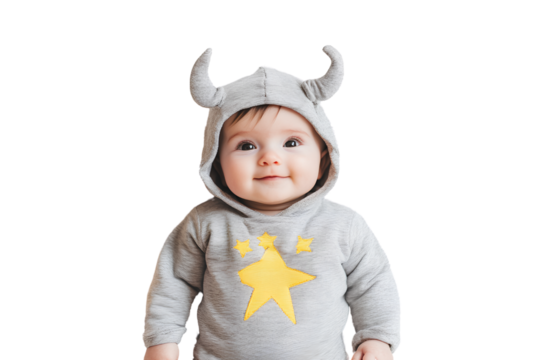  Baby wearing a cute gray Taurus costume, with yellow stars around the baby on a transparent background.