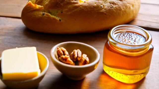 A round loaf of bread with visible cuts and seasonings, resting on a wooden surface. A small jar of honey is also visible