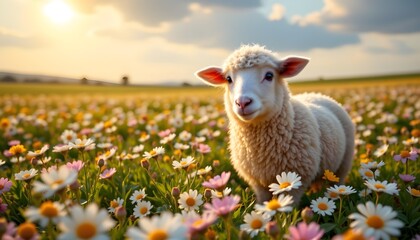 Naklejka premium a single, ludicrously fluffy sheep, impossibly cute, bobs amongst a sprawling field of vibrant daisies, overhead, a serene, ethereal sky washes in gentle hues