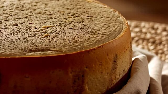 Round wheel of aged cheese with textured rind