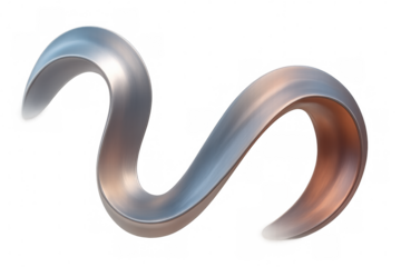 Metallic ribbon curving with silver-copper gradient, creating sleek w-shaped design against transparent backdrop, highlighting contemporary abstract aesthetic