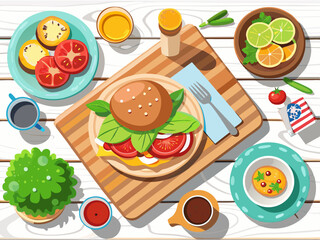 vector of Barbecue table scene with hamburger, classic salad and snacks. Top down view on white wooden background.