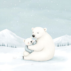 Polar Bears Hug in Snowy Mountains