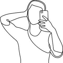 Fototapeta premium Woman taking selfie, line art illustration, for social media