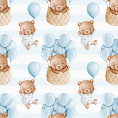 Seamless Pattern with Watercolor Teddy Bear Boy in Hot Air Balloon and Blue Balloons