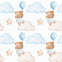Seamless Pattern with Watercolor Teddy Bear Boy on Cloud with Balloons and Stars