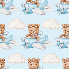 Seamless Pattern with Watercolor Teddy Bear Boy Flying Airplane among Clouds