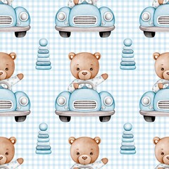 Seamless Pattern with Watercolor Teddy Bear Boy in Blue Car and Toys