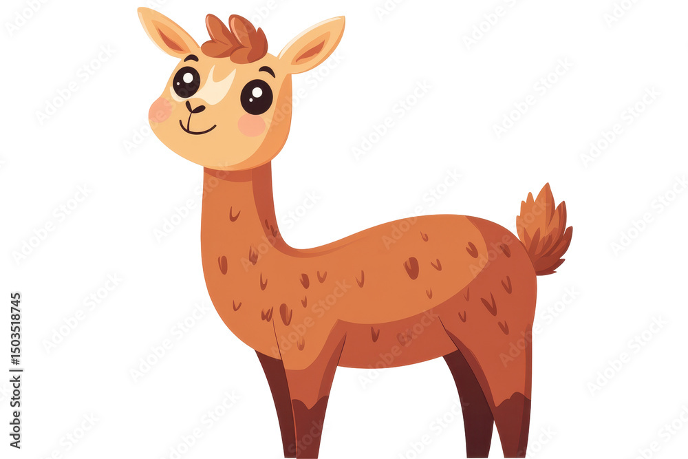 Poster Cute cartoon llama character design with a happy expression set against a transparent background for creative projects, illustrations, and educational materials