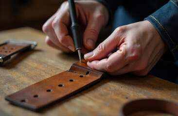 Leather crafting process. Hand stitching leather. Making a leather belt in a workshop.