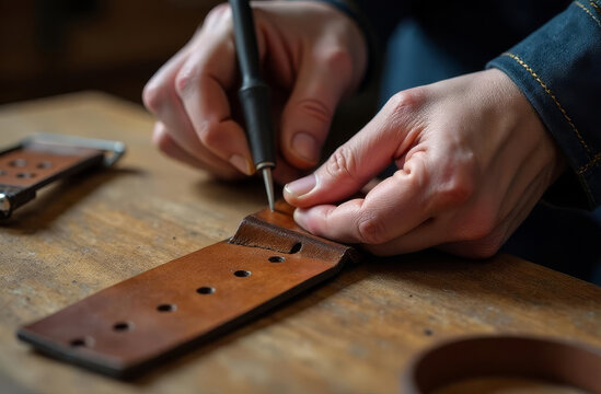 Leather crafting process. Hand stitching leather. Making a leather belt in a workshop. - Powered by Adobe