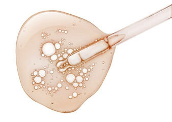 Cosmetic yellow beige serum or ampoule, gel swatch with pipette dropper isolated on white