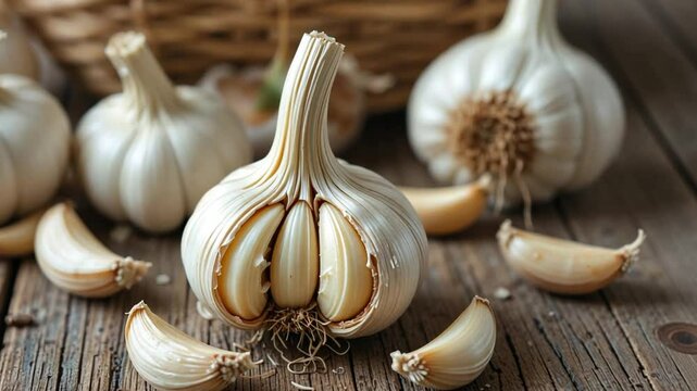 Close up of garlic bulbs and cloves on a rustic wooden surface with a woven basket behind them