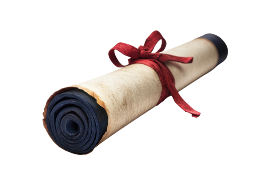 Vintage scroll tied with red ribbon on transparent background showcasing ancient parchment style for design use