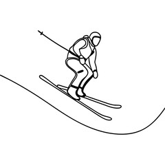 Skier downhill skiing, line art style, monochrome illustration for sports websites