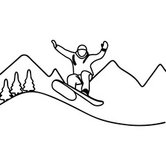 Obraz premium Snowboarder jumping mountains, line art illustration, for winter sports promotions