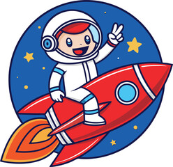 Cartoon astronaut riding red rocket ship with peace sign in front of blue starry background