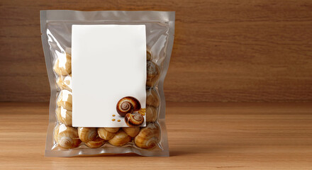 Snails package mockup with blank label. Ready-to-use snails packaging design for gourmet food shops.  Product package design for delicatessen snails. This snails packaging is perfect for marketing mat