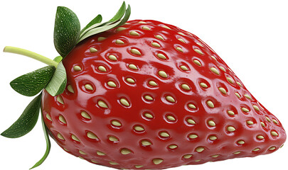 A single ripe strawberry with green leaves on black background