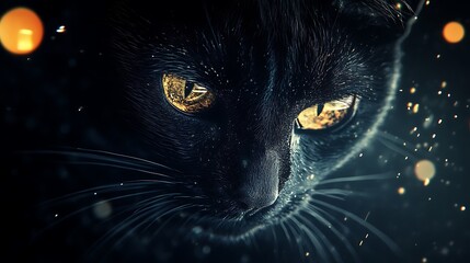 Close up shot of a black cat with golden eyes in the dark