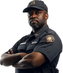 A security guard with arms crossed standing in the studio