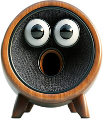 Speaker with googly eyes and surprised expression close up
