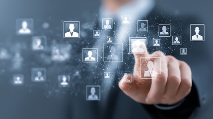 Human resource management technology (HR), Human resource manager touching human resource network structure and checks the CV online to choose the perfect employee for company, Effective recruitment