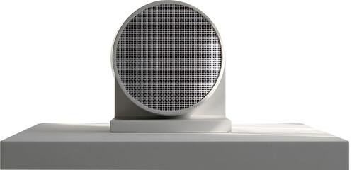 A close up of a round metal grate on a white platform