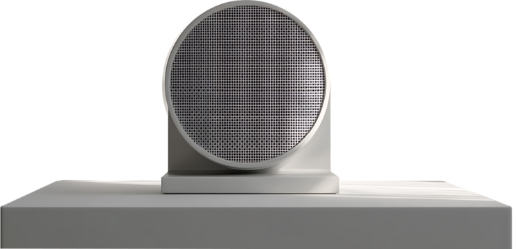 A close up of a round metal grate on a white platform