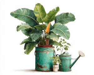 Fototapeta premium Tropical Plants in Rustic Teal Pots and Watering Can