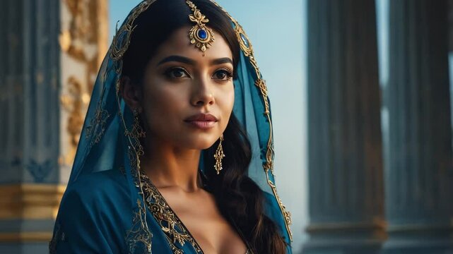 Elegant woman in blue and gold embroidered medieval gown standing in castle hall, regal renaissance fashion portrait