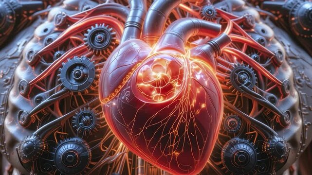 A futuristic depiction of a human chest with a glowing mechanical heart and cybernetic components.