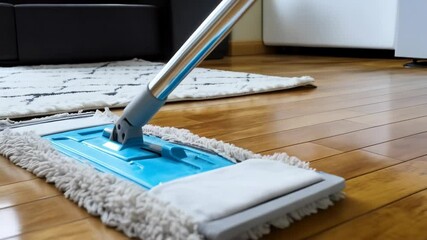 A turquoise-colored flat mop is being used to clean the hardwood floor, showcasing domestic hygiene and floor care with a focus on modern cleaning tools.