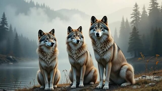 Wolf Pack at Rest by Misty Lake &ndash; 4K Wildlife Footage in Mountain Forest