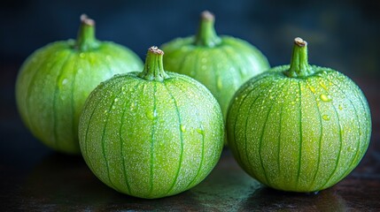 Fresh, vibrant green round squash. Close-up of four small gourds with water droplets