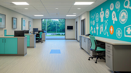 Billing insurance office feature sleek mural of medical icon including stethoscope currency symbol symbolizing financial health Adjacent desk ergonomic chair enhance professional patient centric