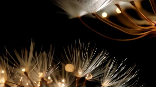 Close-up shot capturing the intricate details of a dandelion with dew drops and ethereal light against a dark background.