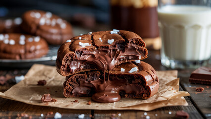 Warm, gooey chocolate cookies with melting filling and sea salt on a rustic wooden table.