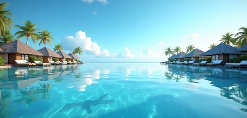 Escape to paradise with this serene tropical resort scene featuring luxury bungalows and a tranquil infinity pool under a blue sky. Perfect for travel and leisure promotions.