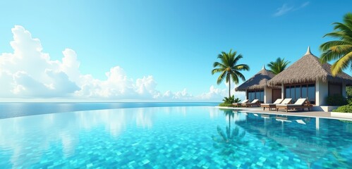 Fototapeta premium A luxurious tropical villa with an infinity pool overlooking the ocean, surrounded by palm trees, perfect for travel and vacation promotions.